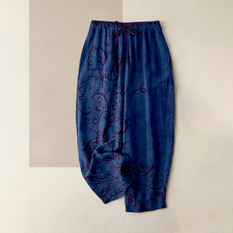 Pantalones de mujer con cintura elástica y bolsillos, estampado de vid y Buddha Stones. - Marina de guerra - US16，UK/AU20，EU48 (3XL) - image 5