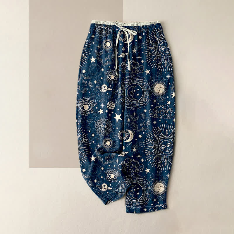 Buddha Stones Pantalones de mujer de algodón puro con estampado de sol, luna y estrellas, cintura elástica y bolsillos. - Marina de guerra - US16，UK/AU20，EU48 (3XL) - image 0