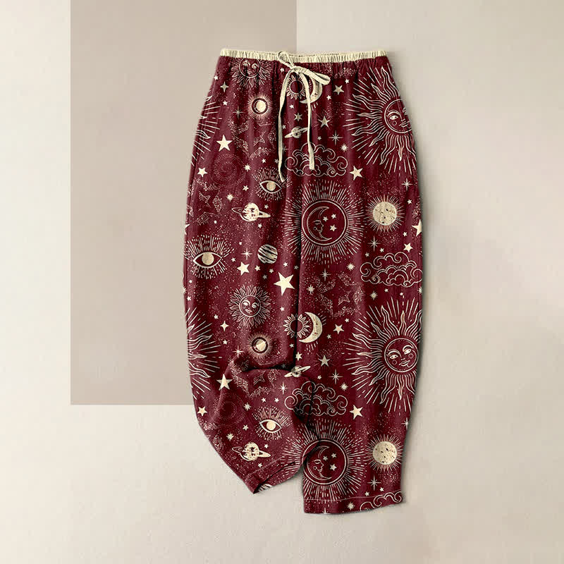 Buddha Stones Pantalones de mujer de algodón puro con estampado de sol, luna y estrellas, cintura elástica y bolsillos. - Rojo oscuro - US16，UK/AU20，EU48 (3XL) - image 3