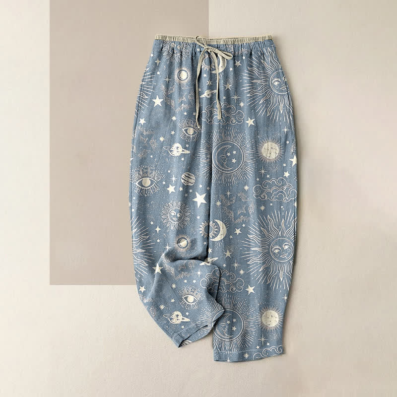 Buddha Stones Pantalones de mujer de algodón puro con estampado de sol, luna y estrellas, cintura elástica y bolsillos. - Azul acero claro - US16，UK/AU20，EU48 (3XL) - image 4