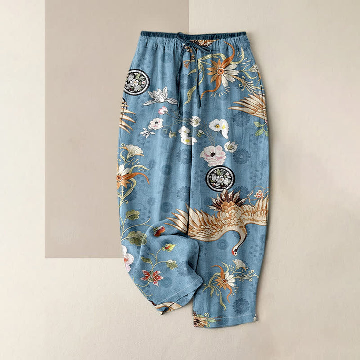 Buddha Stones Pantalones de mujer de algodón puro blanco con estampado floral de grullas y cintura elástica con bolsillos. - Azul acero - US16，UK/AU20，EU48 (3XL) - image 4