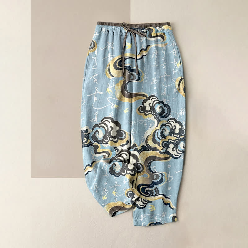 Buddha Stones Pantalones de mujer de algodón puro con estampado de caligrafía oriental de nubes y cintura elástica con bolsillos. - Azul claro - US16，UK/AU20，EU48 (3XL) - image 3