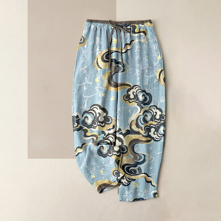 Buddha Stones Pantalones de mujer de algodón puro con estampado de caligrafía oriental de nubes y cintura elástica con bolsillos. - Azul claro - US16，UK/AU20，EU48 (3XL) - image 3
