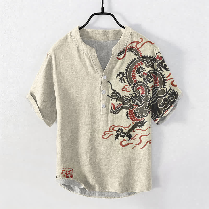 Buddha Stones Camisa de manga corta con medio botón para hombre, de algodón negro con estampado de dragón rojo. - Beige - US/UK/AU50, EU60 (5XL) - image 0