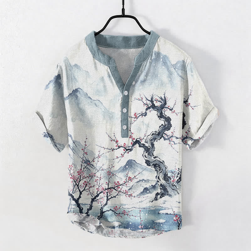 Buddha Stones Camisa de manga corta para hombre con estampado de ciruelas de montaña y medio botón, color algodón lavado con tinta. - AliciaAzul - US/UK/AU50, EU60 (5XL) - image 0