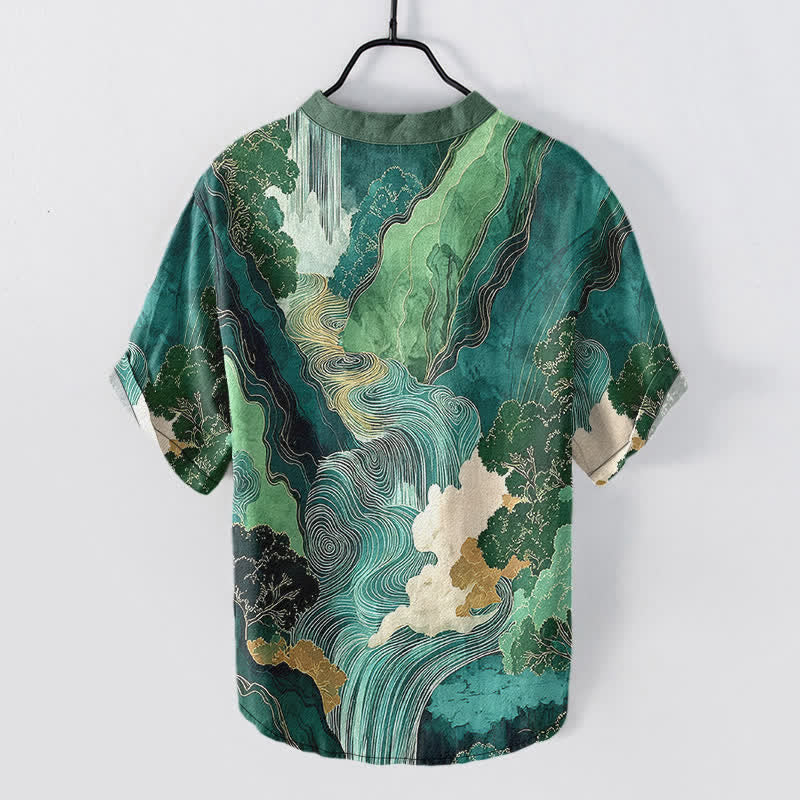 Buddha Stones Camisa de manga corta con medio botón para hombre, de algodón, con estampado de paisaje oriental y tinta. - image 1