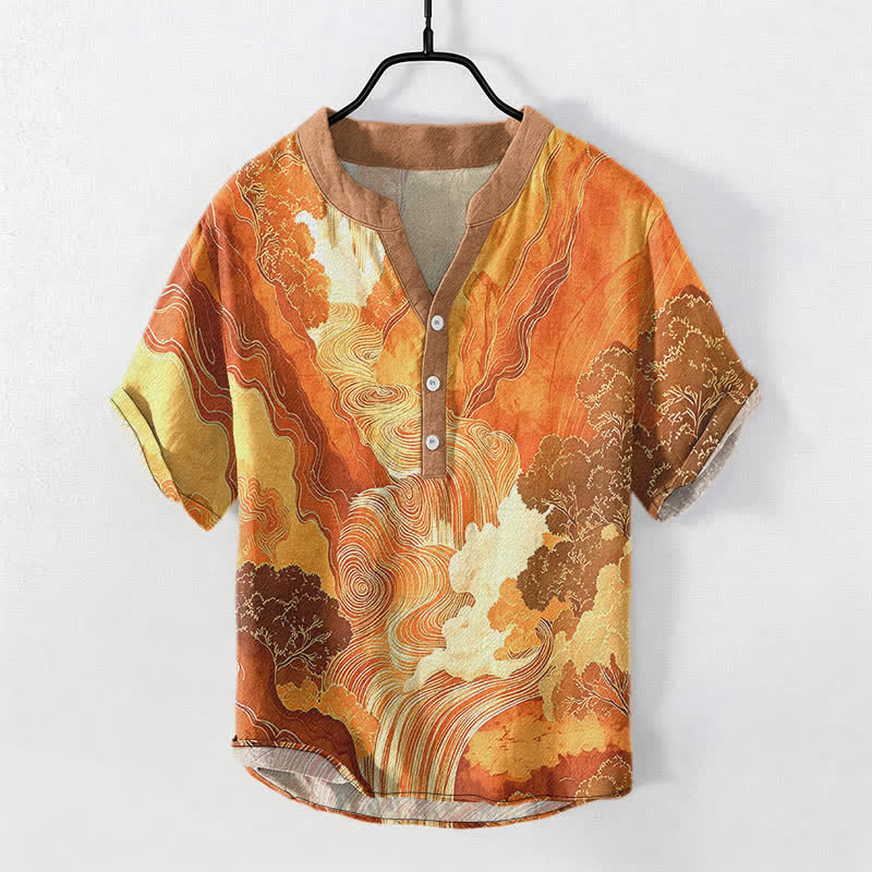 Buddha Stones Camisa de manga corta con medio botón para hombre, de algodón, con estampado de paisaje oriental y tinta. - Sandy Brown - US/UK/AU50, EU60 (5XL) - image 5