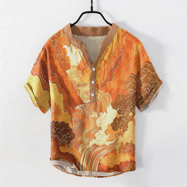 Buddha Stones Camisa de manga corta con medio botón para hombre, de algodón, con estampado de paisaje oriental y tinta. - Sandy Brown - US/UK/AU50, EU60 (5XL) - image 5