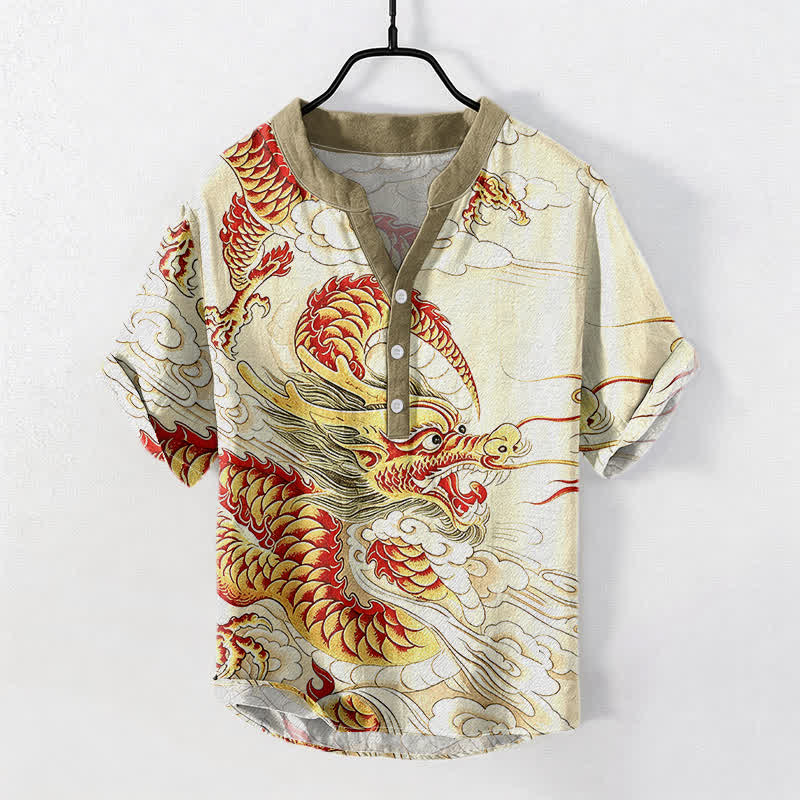 Buddha Stones Camisa de manga corta con medio botón y estampado de dragón dorado de algodón para hombre - Marfil - US/UK/AU50, EU60 (5XL) - image 0