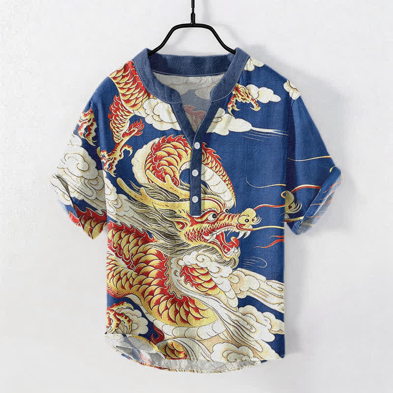 Buddha Stones Camisa de manga corta con medio botón y estampado de dragón dorado de algodón para hombre - Azul real - US/UK/AU50, EU60 (5XL) - image 3