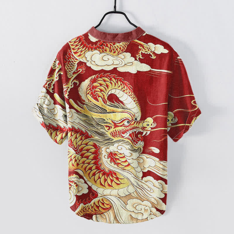 Buddha Stones Camisa de manga corta con medio botón y estampado de dragón dorado de algodón para hombre - image 6