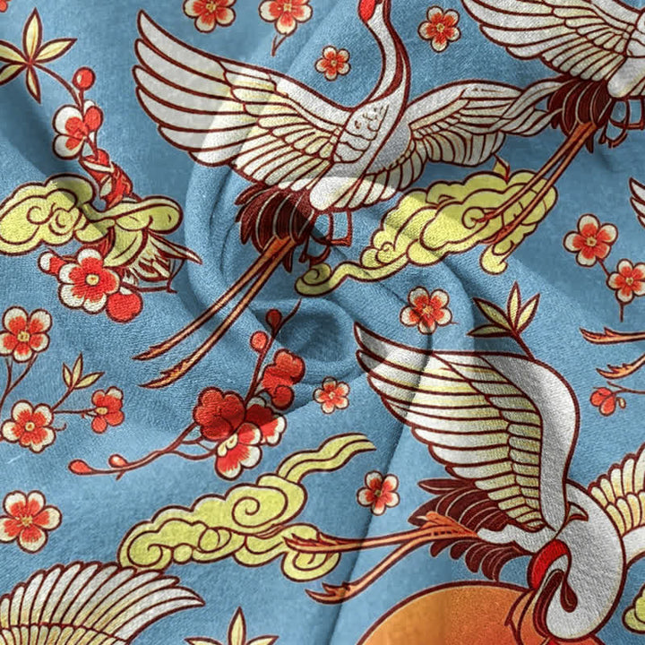 Buddha Stones Camisa de manga corta con medio botón para hombre, de algodón puro, con estampado floral de grullas, sol y nubes. - image 2