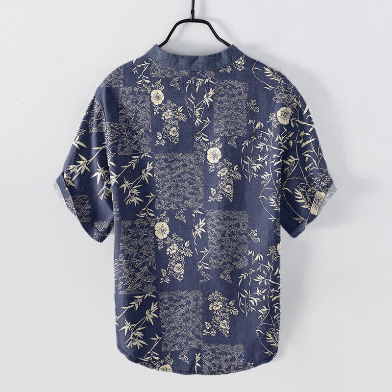 Buddha Stones Camisa de manga corta con medio botón para hombre, de algodón y bambú, con estampado floral de patchwork. - image 1