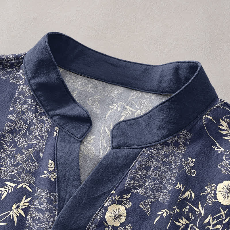 Buddha Stones Camisa de manga corta con medio botón para hombre, de algodón y bambú, con estampado floral de patchwork. - image 2