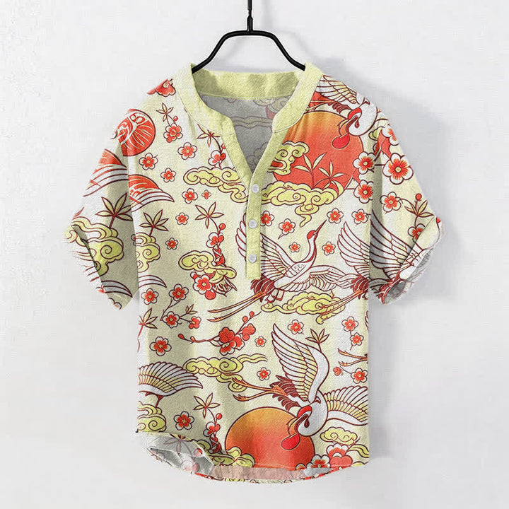 Buddha Stones Camisa de manga corta con medio botón para hombre, de algodón puro, con estampado floral de grullas, sol y nubes. - Marfil - US/UK/AU50, EU60 (5XL) - image 3