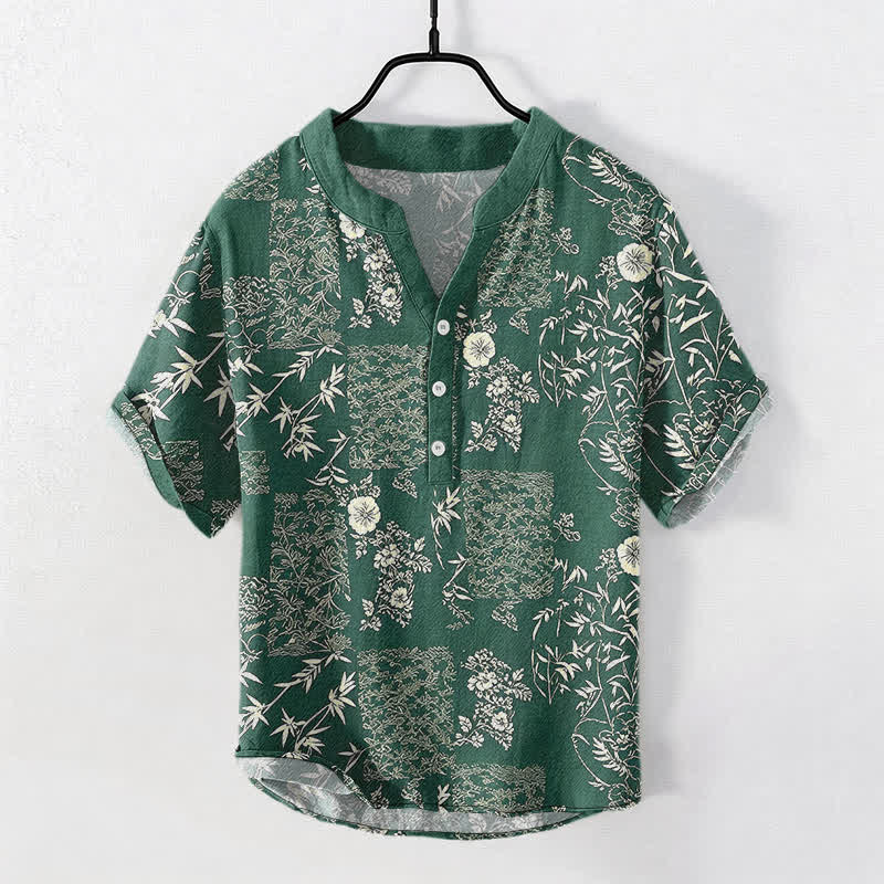 Buddha Stones Camisa de manga corta con medio botón para hombre, de algodón y bambú, con estampado floral de patchwork. - Verde bosque - US/UK/AU50, EU60 (5XL) - image 5
