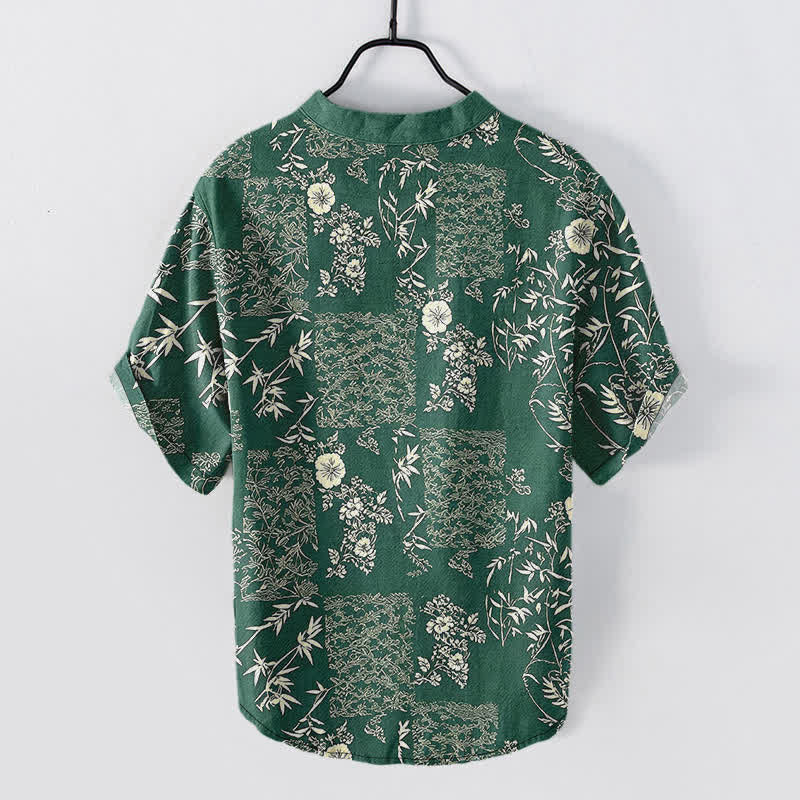 Buddha Stones Camisa de manga corta con medio botón para hombre, de algodón y bambú, con estampado floral de patchwork. - image 6