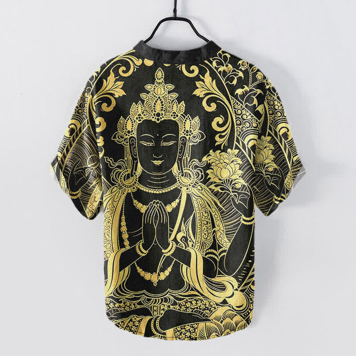 Buddha Stones Camisa de manga corta con medio botón para hombre, de algodón, con estampado del icono del Buda dorado. - image 1