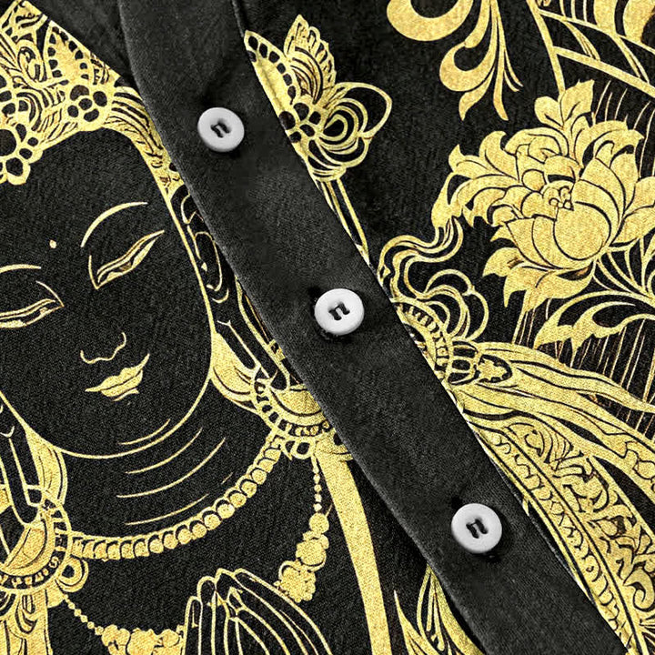 Buddha Stones Camisa de manga corta con medio botón para hombre, de algodón, con estampado del icono del Buda dorado. - image 3