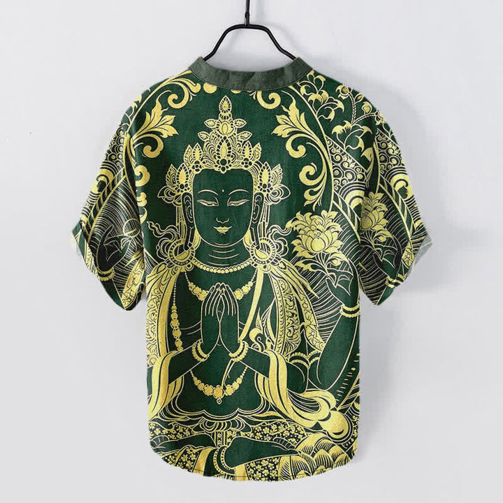 Buddha Stones Camisa de manga corta con medio botón para hombre, de algodón, con estampado del icono del Buda dorado. - image 6