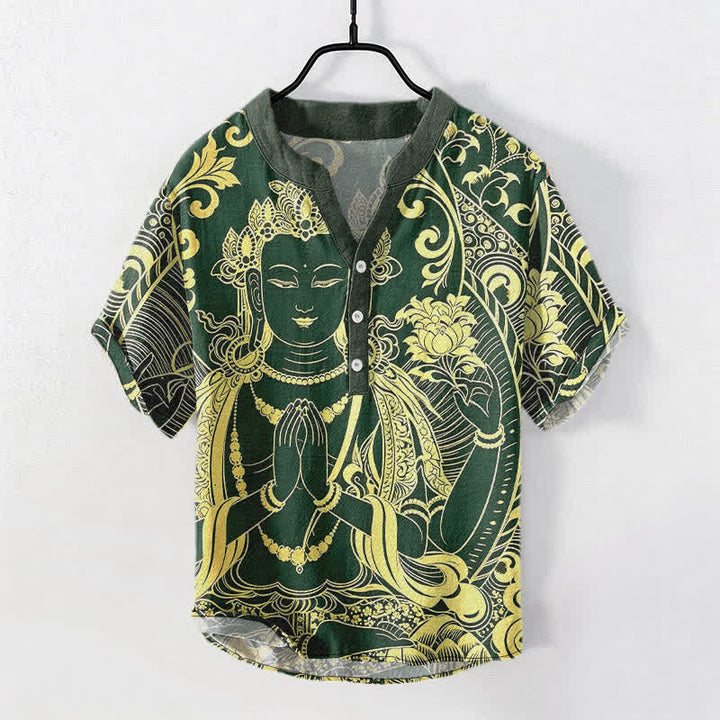 Buddha Stones Camisa de manga corta con medio botón para hombre, de algodón, con estampado del icono del Buda dorado. - Verde bosque - US/UK/AU50, EU60 (5XL) - image 5