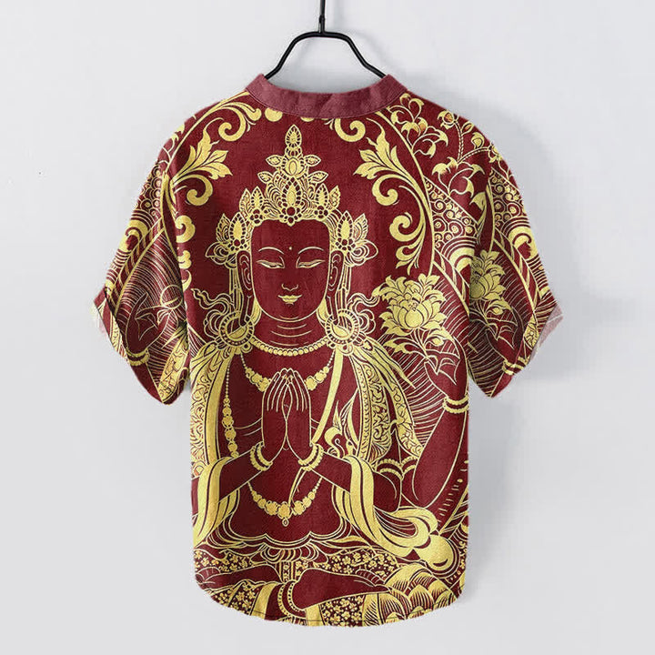 Buddha Stones Camisa de manga corta con medio botón para hombre, de algodón, con estampado del icono del Buda dorado. - image 8