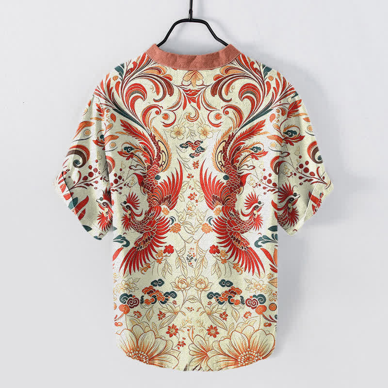 Buddha Stones Camisa de manga corta con medio botón y estampado floral de fénix simétrico de algodón para hombre - image 1