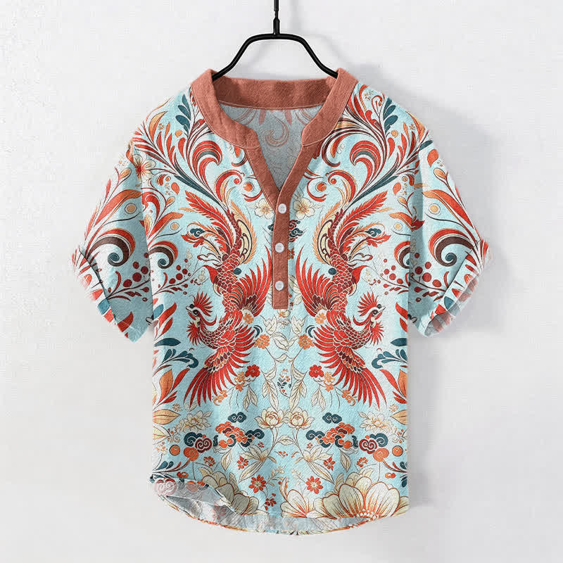 Buddha Stones Camisa de manga corta con medio botón y estampado floral de fénix simétrico de algodón para hombre - Turquesa pálido - US/UK/AU50, EU60 (5XL) - image 3