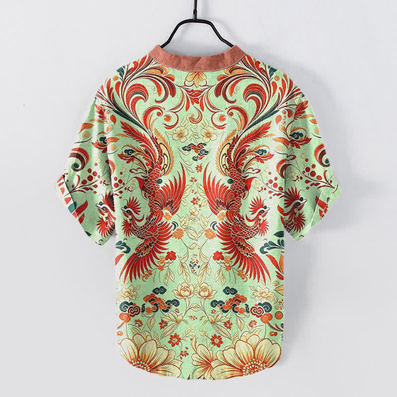 Buddha Stones Camisa de manga corta con medio botón y estampado floral de fénix simétrico de algodón para hombre - image 6