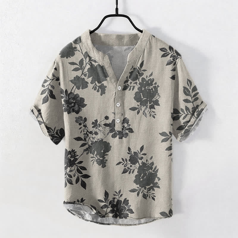 Buddha Stones Camisa de manga corta con medio botón y estampado floral color carbón, extragrande, para hombre, de algodón. - Gris claro - US/UK/AU50, EU60 (5XL) - image 0