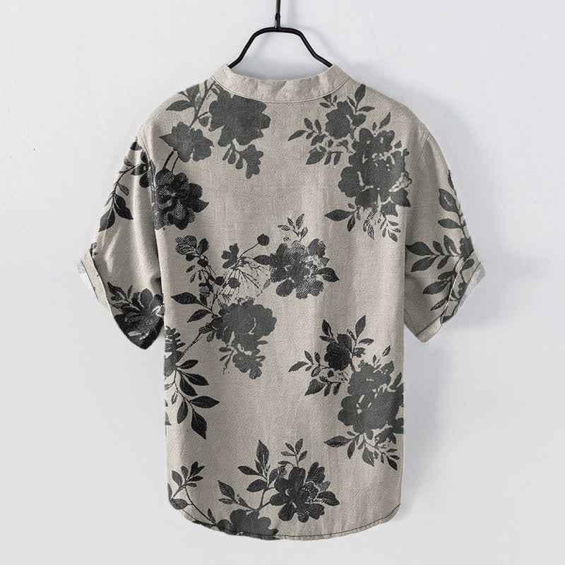 Buddha Stones Camisa de manga corta con medio botón y estampado floral color carbón, extragrande, para hombre, de algodón. - image 1