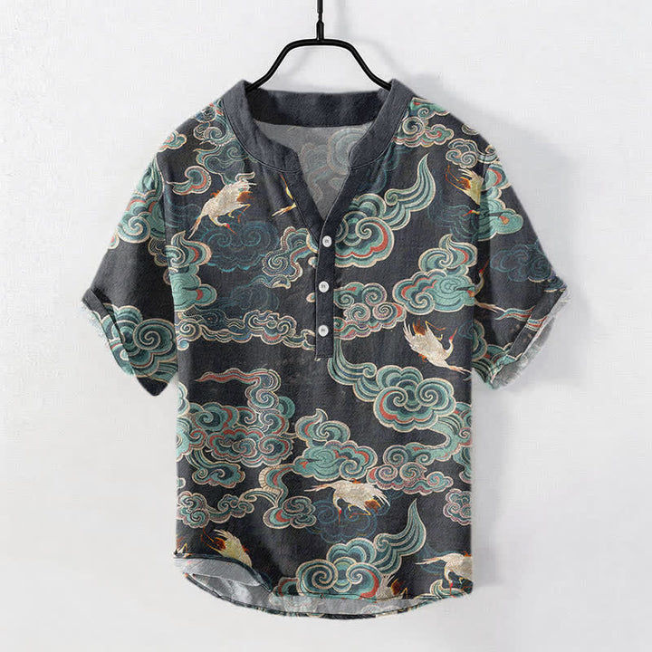 Buddha Stones Camisa de manga corta con medio botón para hombre, de algodón, con estampado de peces koi y loto. - Negro - US/UK/AU50, EU60 (5XL) - image 0