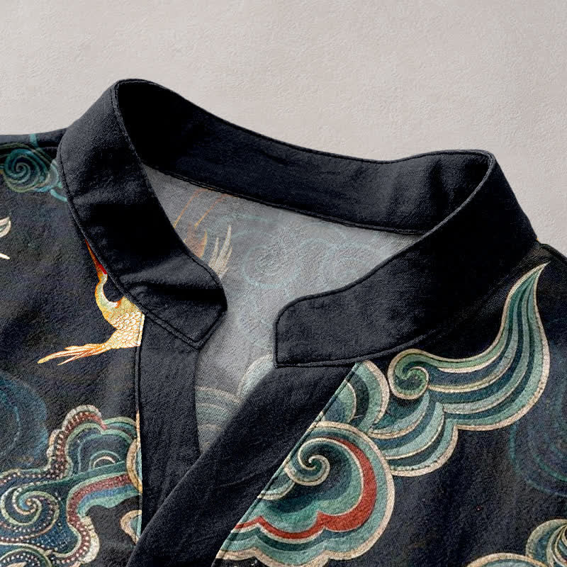 Buddha Stones Camisa de manga corta con medio botón para hombre, de algodón, con estampado de peces koi y loto. - image 2