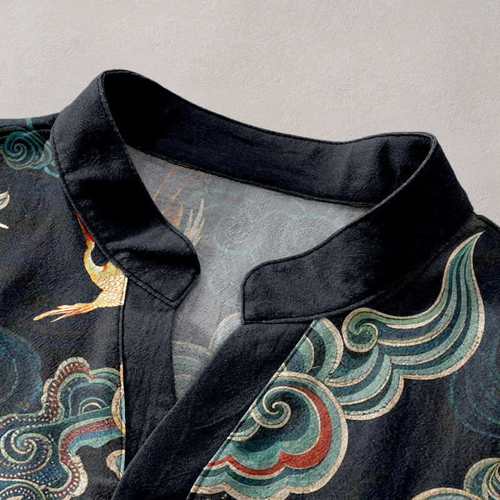 Buddha Stones Camisa de manga corta con medio botón para hombre, de algodón, con estampado de peces koi y loto. - image 2