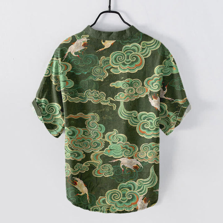 Buddha Stones Camisa de manga corta con medio botón para hombre, de algodón, con estampado de peces koi y loto. - image 6