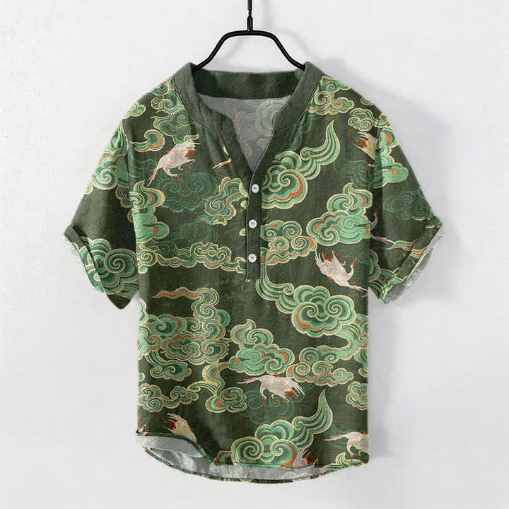 Buddha Stones Camisa de manga corta con medio botón para hombre, de algodón, con estampado de peces koi y loto. - Verde oliva oscuro - US/UK/AU50, EU60 (5XL) - image 5