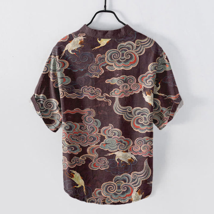 Buddha Stones Camisa de manga corta con medio botón para hombre, de algodón, con estampado de peces koi y loto. - image 8