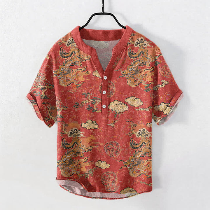 Buddha Stones Camisa de manga corta con medio botón para hombre, de algodón, con estampado de nube y dragón dorado. - Coral - US/UK/AU50, EU60 (5XL) - image 0
