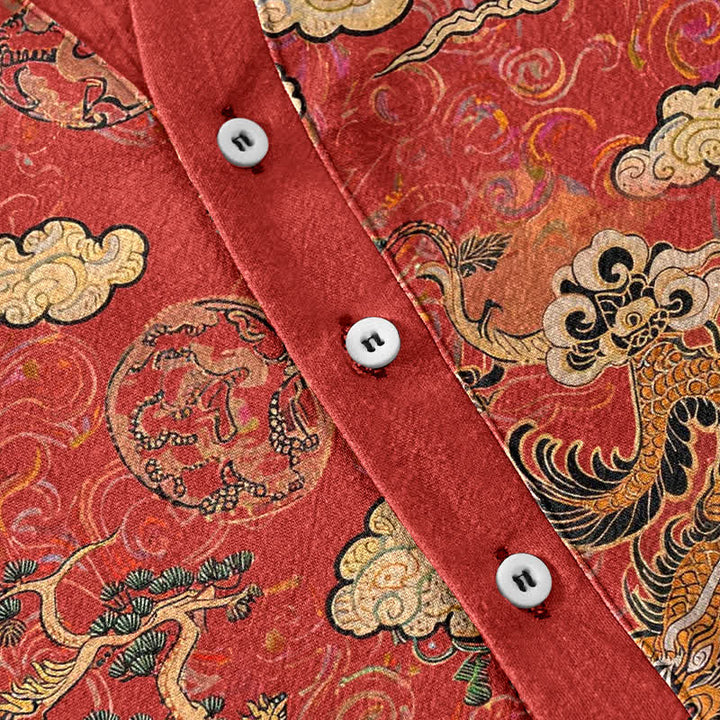 Buddha Stones Camisa de manga corta con medio botón para hombre, de algodón, con estampado de nube y dragón dorado. - image 3