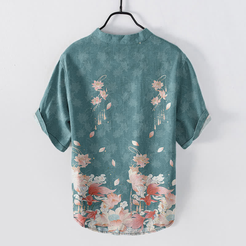 Buddha Stones Camisa de manga corta con medio botón y estampado de loto de algodón para hombre - image 1