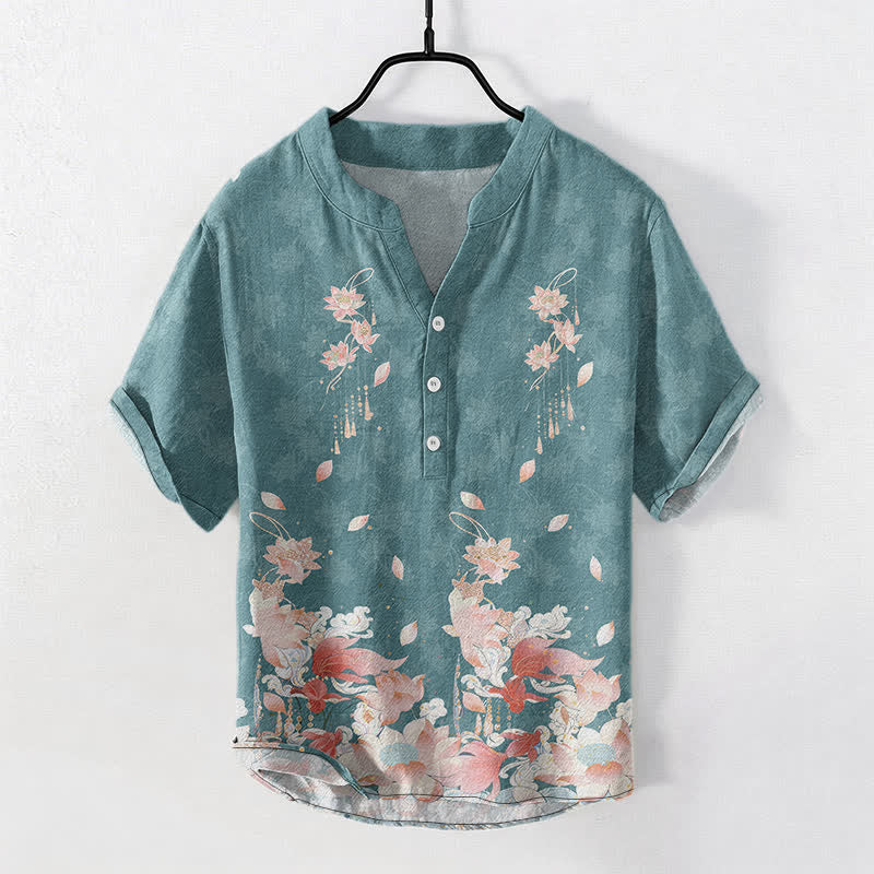 Buddha Stones Camisa de manga corta con medio botón y estampado de loto de algodón para hombre - Verde azulado - US/UK/AU50, EU60 (5XL) - image 0