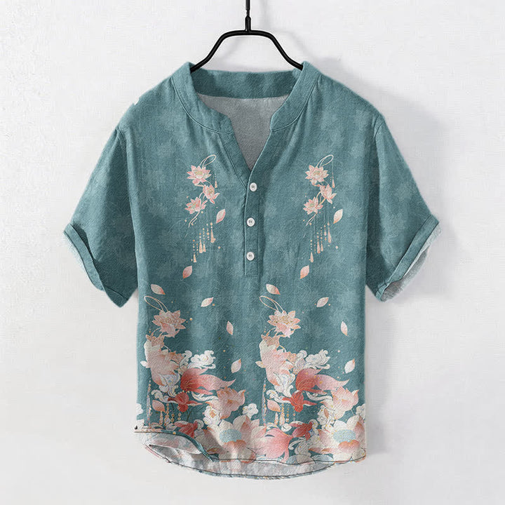 Buddha Stones Camisa de manga corta con medio botón y estampado de loto de algodón para hombre - Verde azulado - US/UK/AU50, EU60 (5XL) - image 0