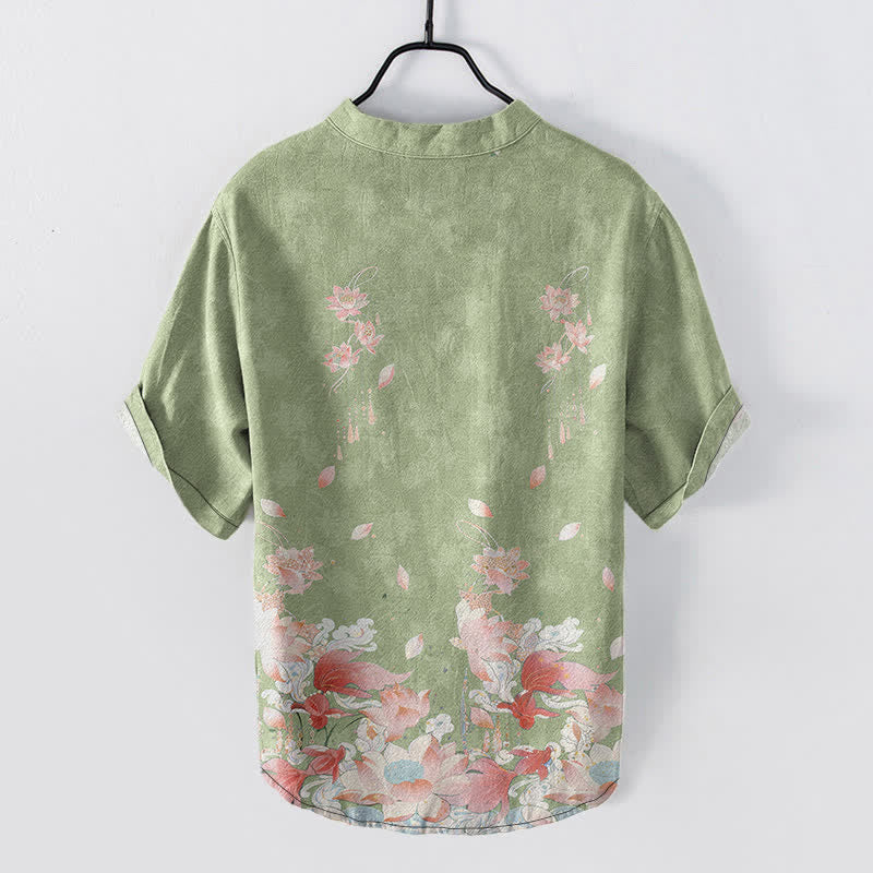 Buddha Stones Camisa de manga corta con medio botón y estampado de loto de algodón para hombre - image 6