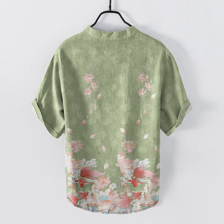 Buddha Stones Camisa de manga corta con medio botón y estampado de loto de algodón para hombre - image 6