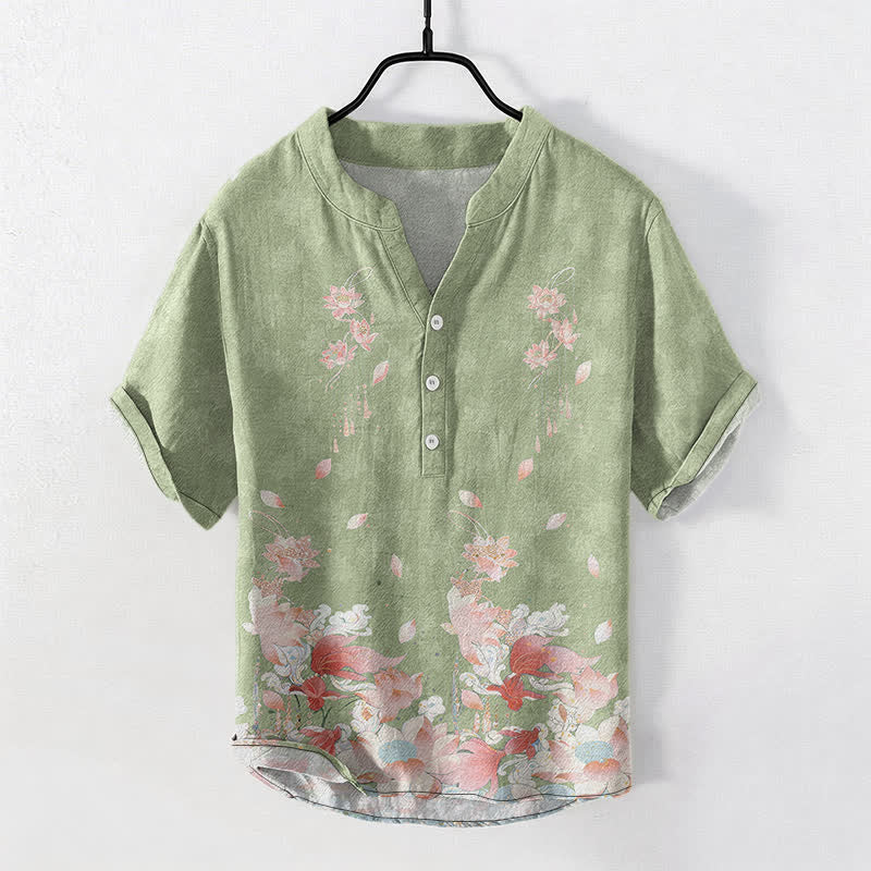 Buddha Stones Camisa de manga corta con medio botón y estampado de loto de algodón para hombre - Verde claro - US/UK/AU50, EU60 (5XL) - image 5