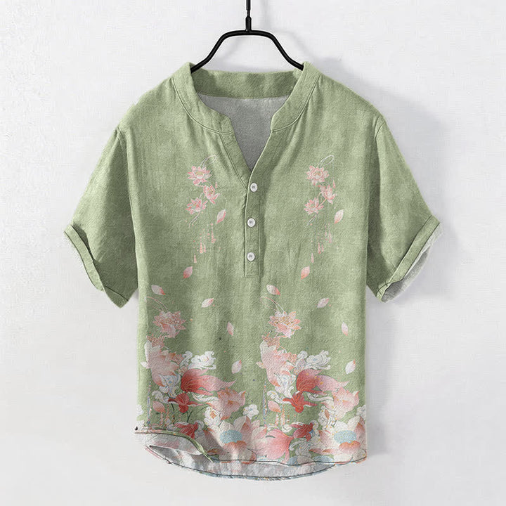 Buddha Stones Camisa de manga corta con medio botón y estampado de loto de algodón para hombre - Verde claro - US/UK/AU50, EU60 (5XL) - image 5