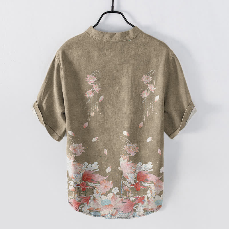 Buddha Stones Camisa de manga corta con medio botón y estampado de loto de algodón para hombre - image 8