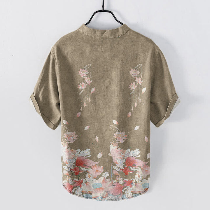 Buddha Stones Camisa de manga corta con medio botón y estampado de loto de algodón para hombre - image 8