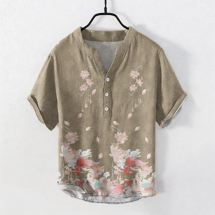 Buddha Stones Camisa de manga corta con medio botón y estampado de loto de algodón para hombre - Broncearse - US/UK/AU50, EU60 (5XL) - image 7