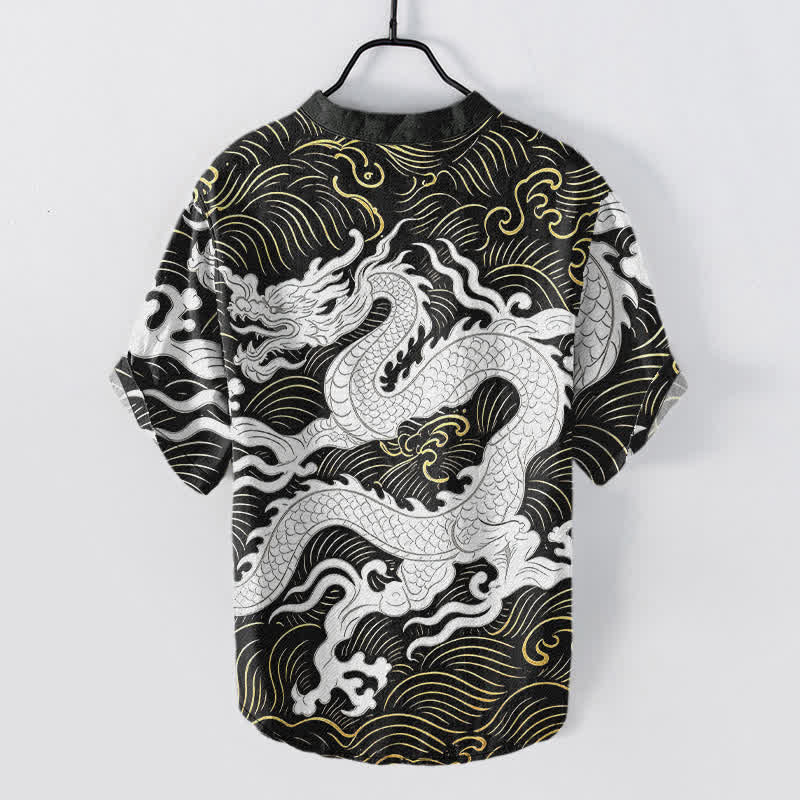 Buddha Stones Camisa de manga corta con medio botón para hombre, de algodón blanco, con estampado de olas de dragón. - image 1
